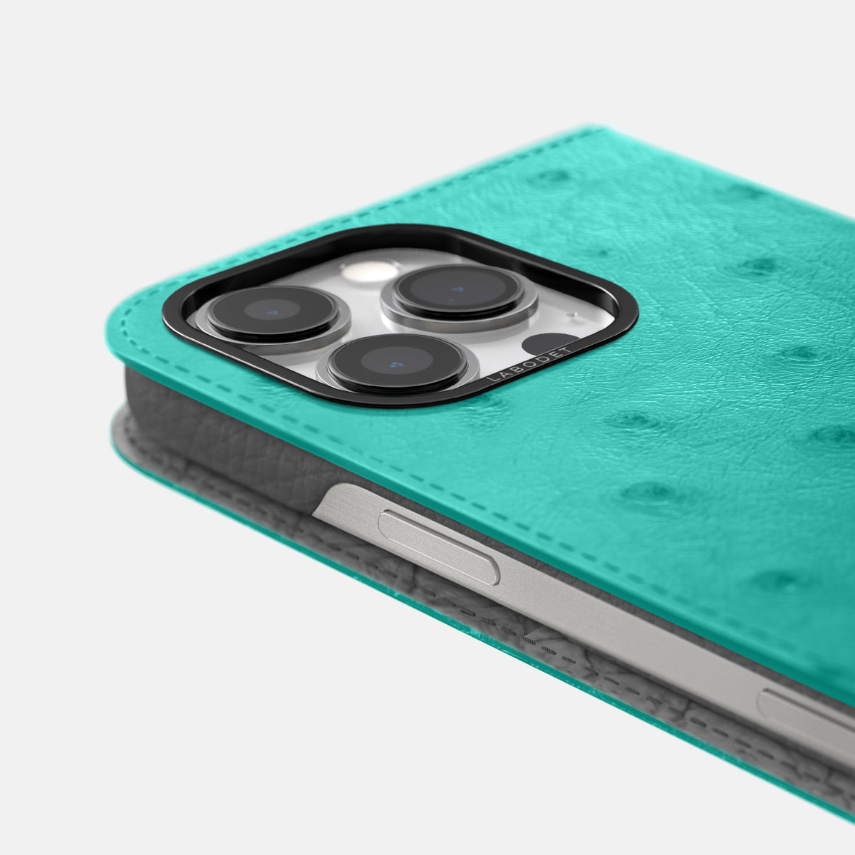 Turquoise iPhone 16 Pro Folio Case Ostrich with Black Metal -5 | Turquoise-Black