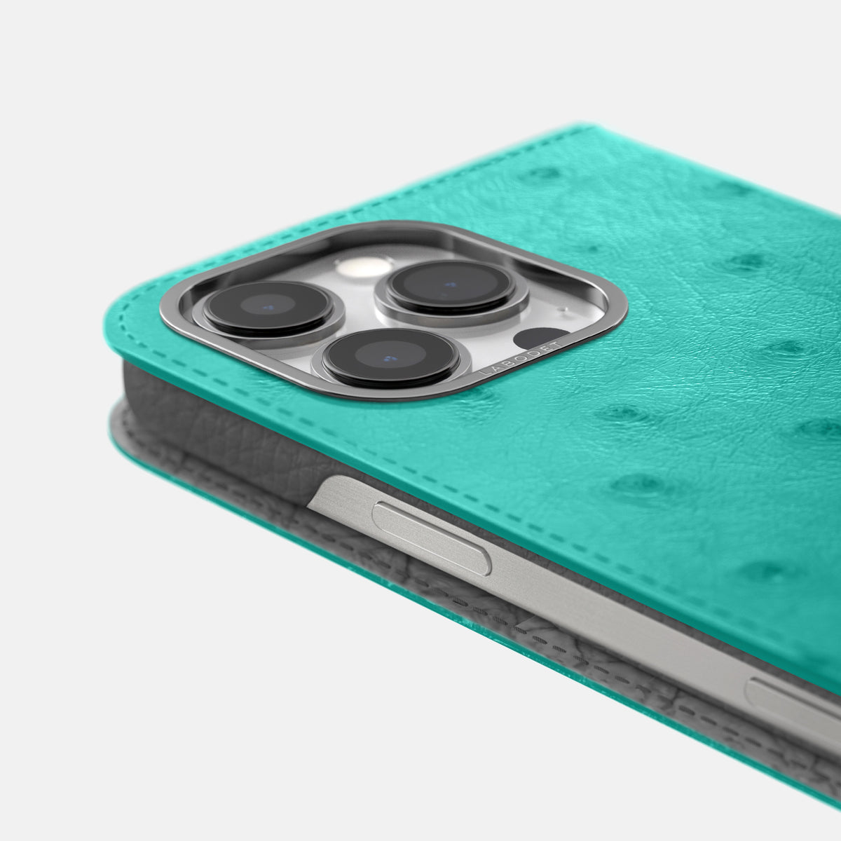 Turquoise iPhone 16 Pro Folio Case Ostrich with Steel Metal -5 | Turquoise-Steel