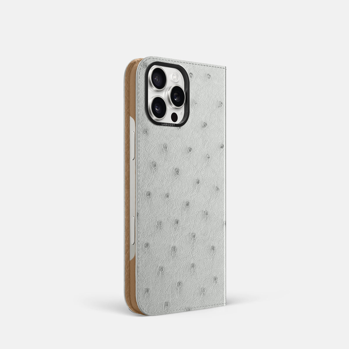 White iPhone 16 Pro Folio Case Ostrich with Black Metal -1 | White-Black