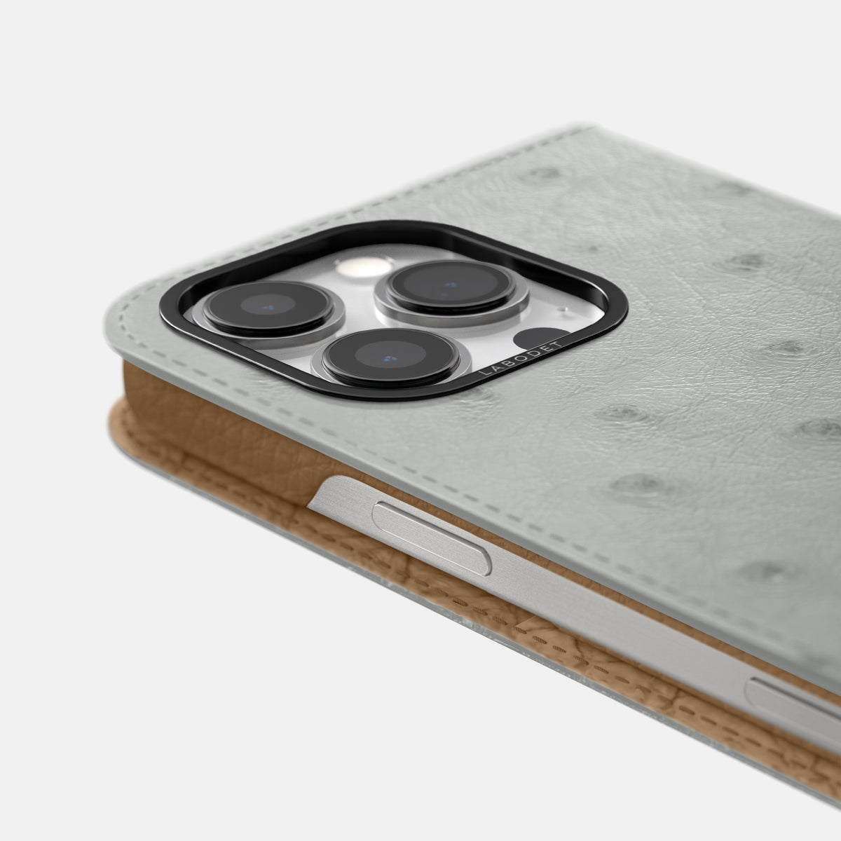White iPhone 16 Pro Folio Case Ostrich with Black Metal -5 | White-Black
