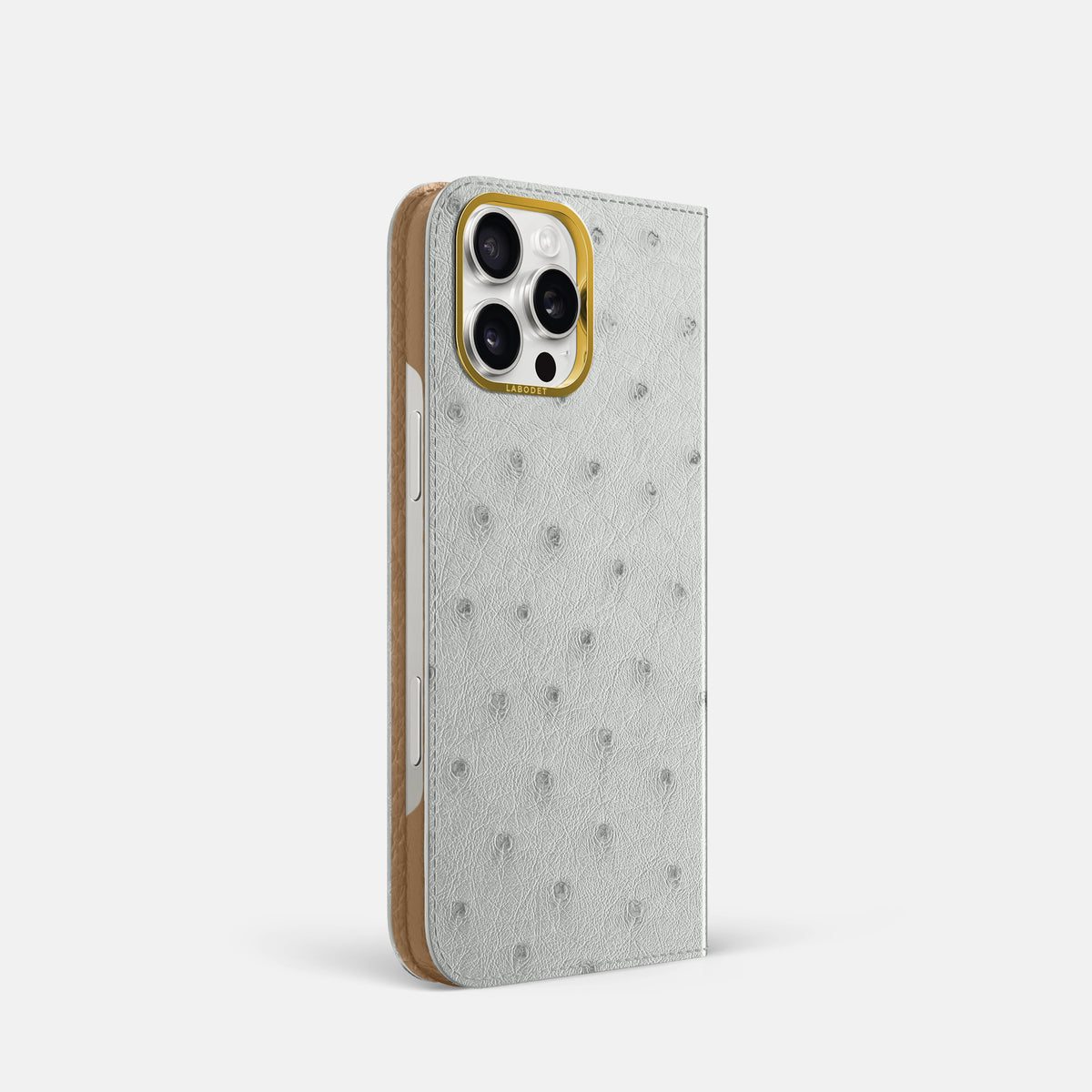 White iPhone 16 Pro Folio Case Ostrich with Gold Metal -1 | White-Gold