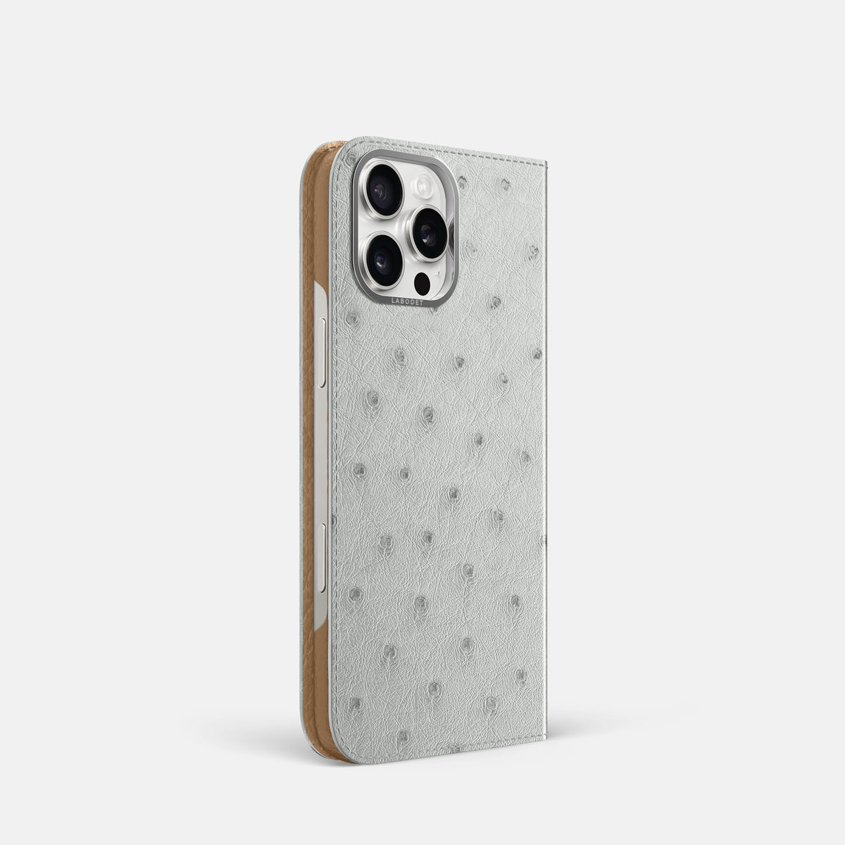 White iPhone 16 Pro Folio Case Ostrich with Steel Metal -1 | White-Steel