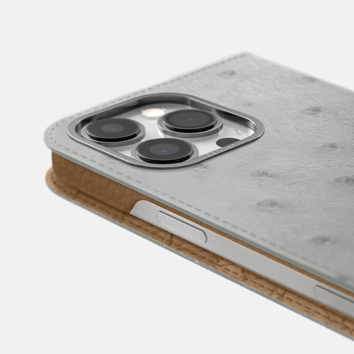 White iPhone 16 Pro Folio Case Ostrich with Steel Metal -5 | White-Steel