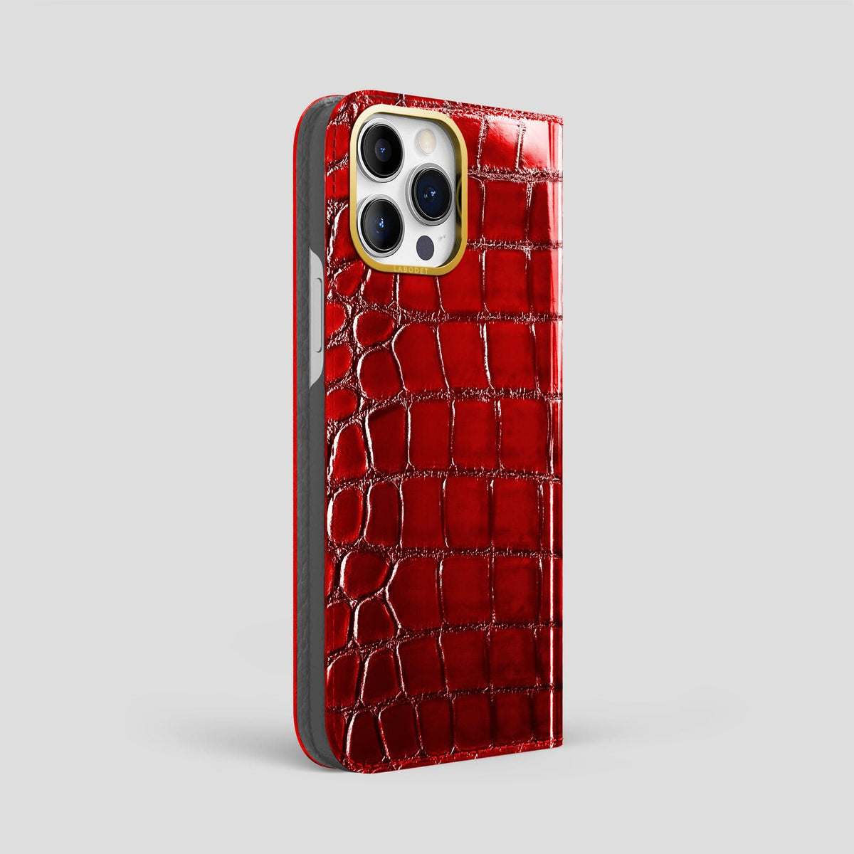 Burgundy iPhone 15 Pro Max Folio Magsafe Case Patina Alligator with Gold Metal -1 | Burgundy-Gold