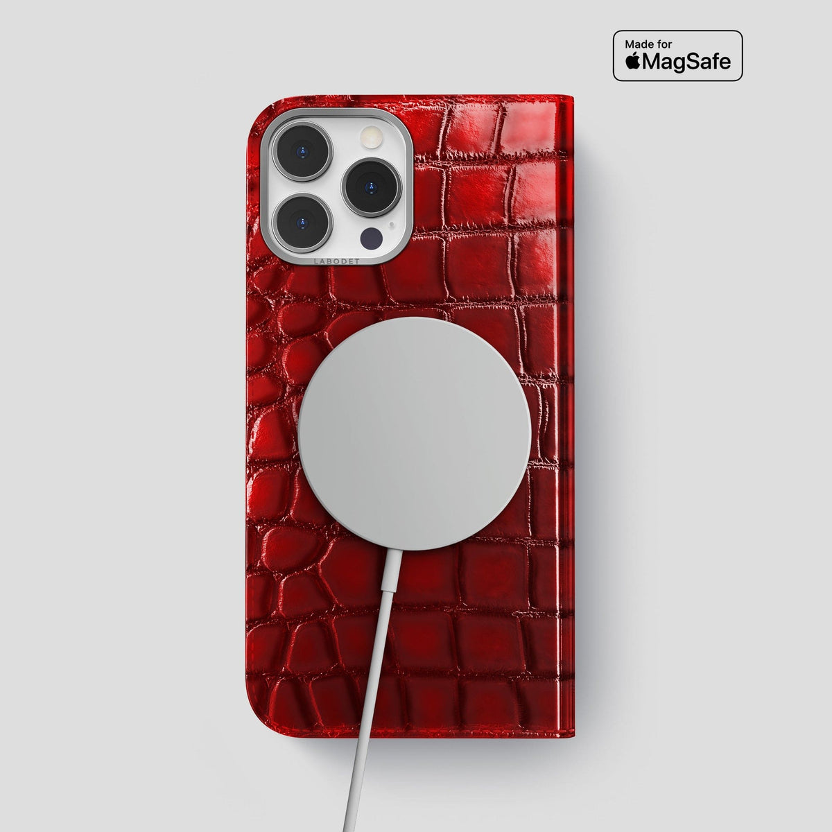 Burgundy iPhone 15 Pro Max Folio Magsafe Case Patina Alligator with Steel Metal -3 | Burgundy-Steel