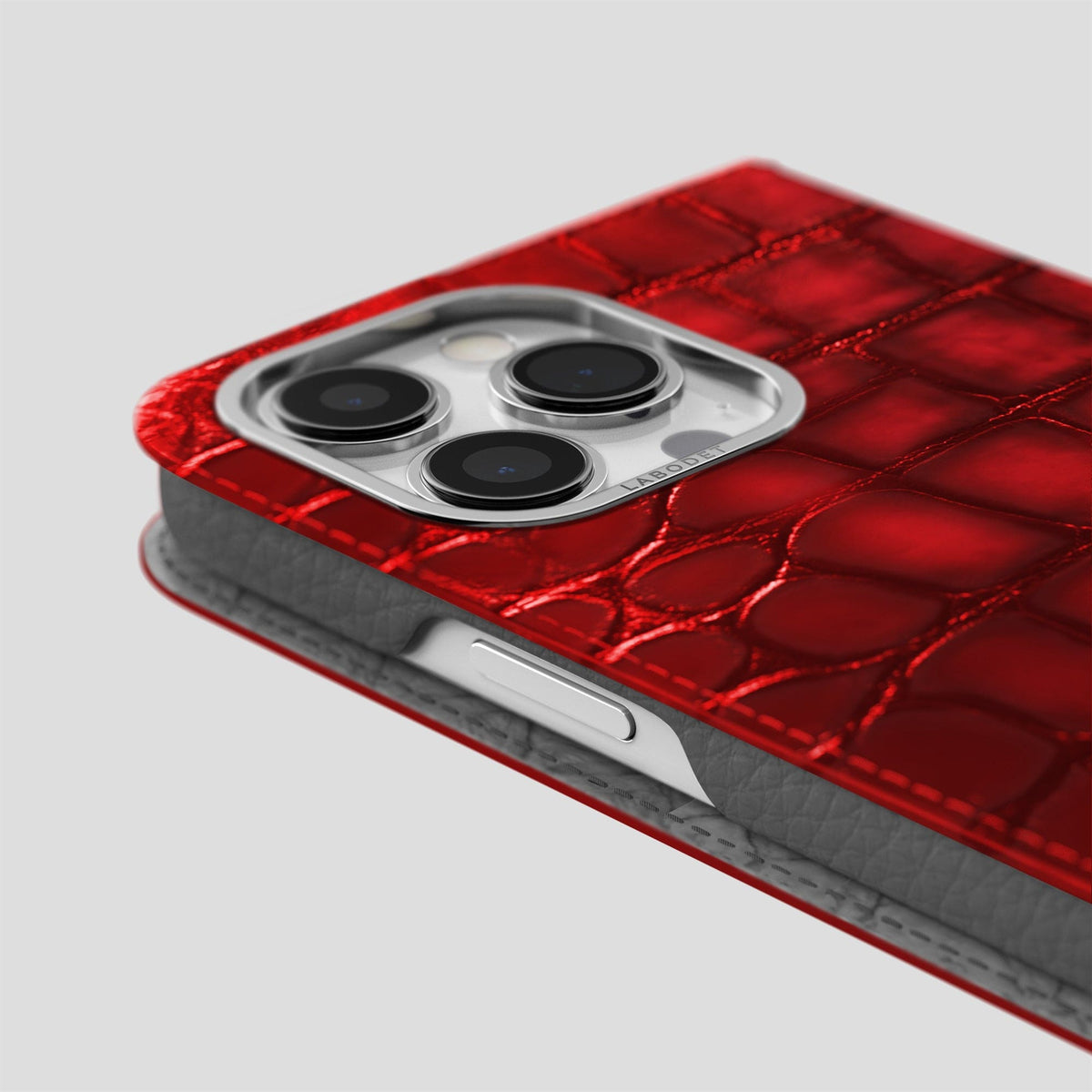 Burgundy iPhone 14 Pro Max Folio Magsafe Case Patina Alligator with Steel Metal -5 | Burgundy-Steel