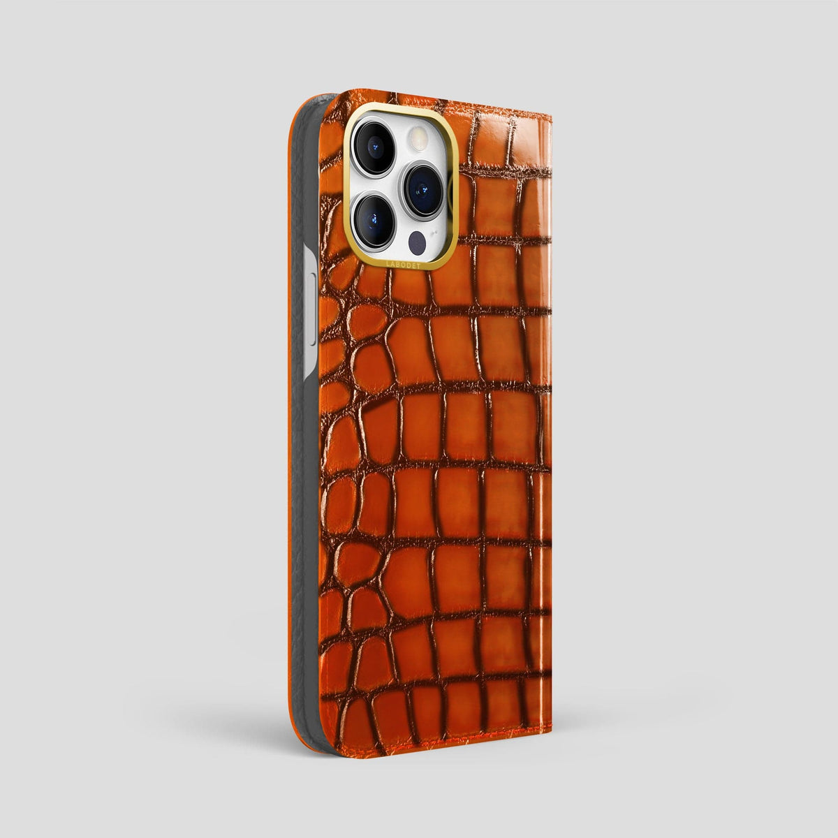 Clay-Court iPhone 15 Pro Max Folio Magsafe Case Patina Alligator with Gold Metal -1 | Clay-Court-Gold