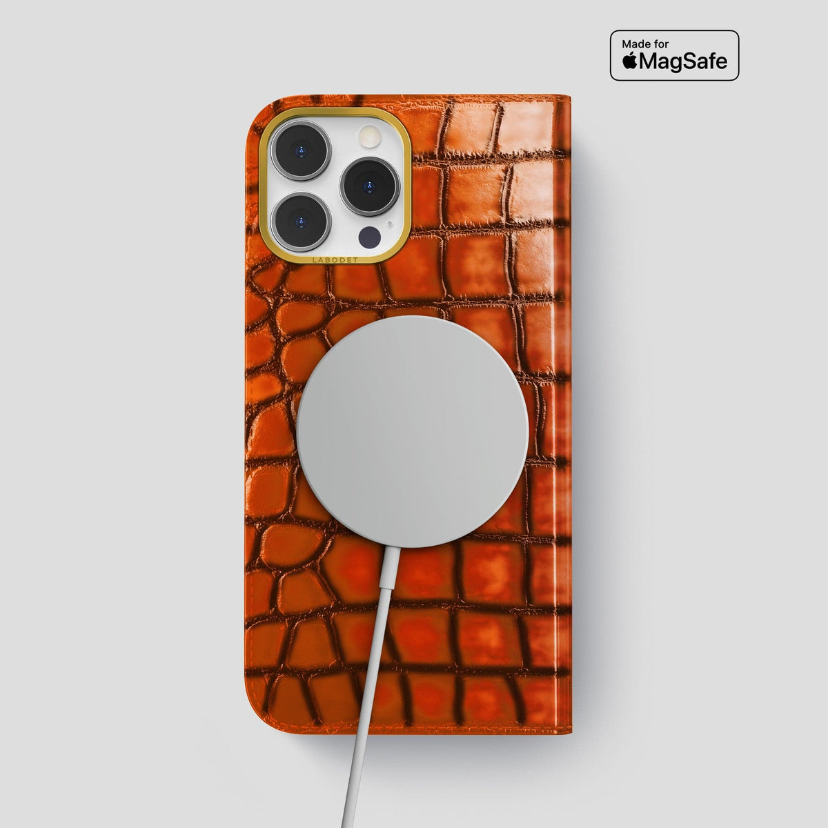 Clay-Court iPhone 15 Pro Max Folio Magsafe Case Patina Alligator with Gold Metal -3 | Clay-Court-Gold