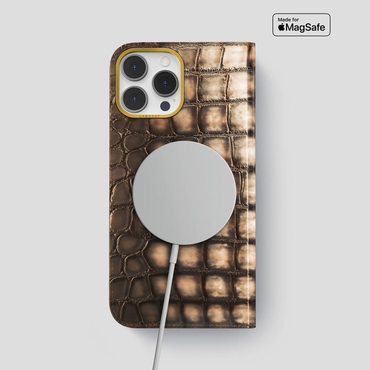 Etoupe iPhone 15 Pro Max Folio Magsafe Case Patina Alligator with Gold Metal -3 | Etoupe-Gold