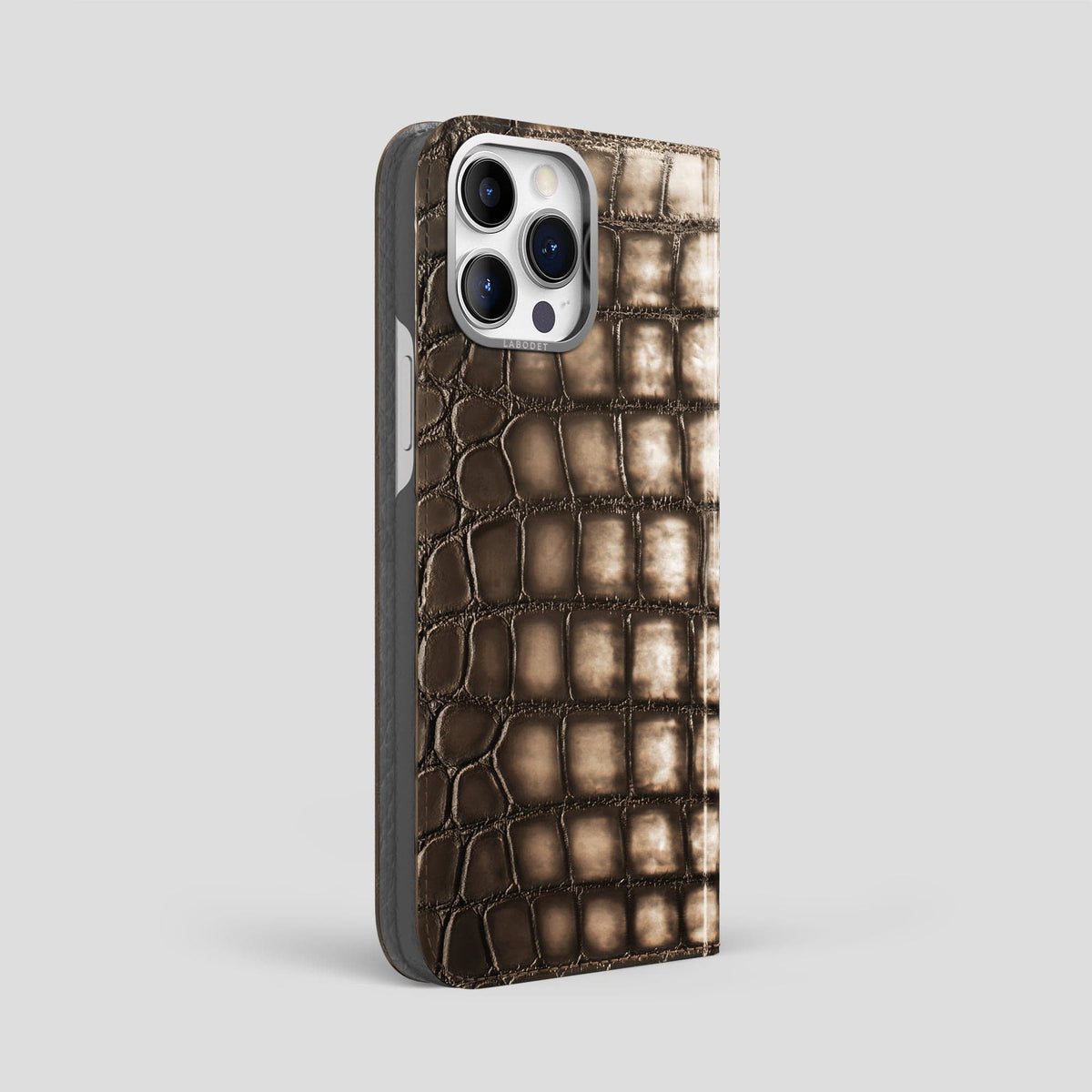 Etoupe iPhone 14 Pro Max Folio Magsafe Case Patina Alligator with Steel Metal -1 | Etoupe-Steel