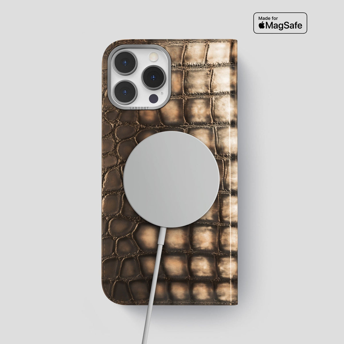Etoupe iPhone 15 Pro Max Folio Magsafe Case Patina Alligator with Steel Metal -3 | Etoupe-Steel