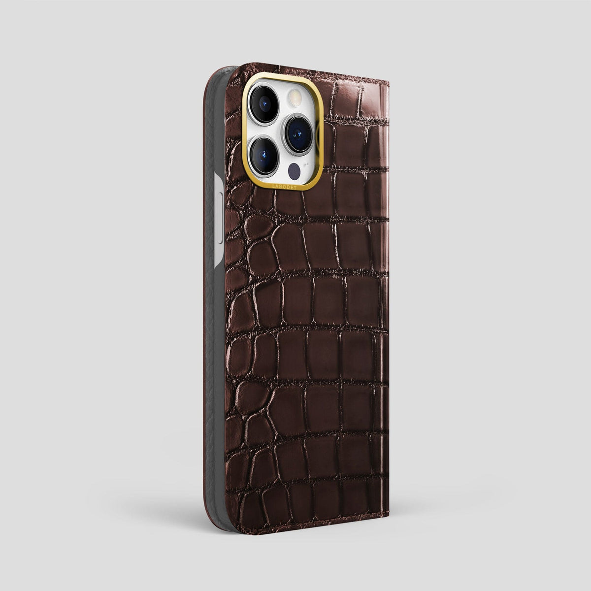 Grape-Wine iPhone 15 Pro Max Folio Magsafe Case Patina Alligator with Gold Metal -1 | Grape-Wine-Gold