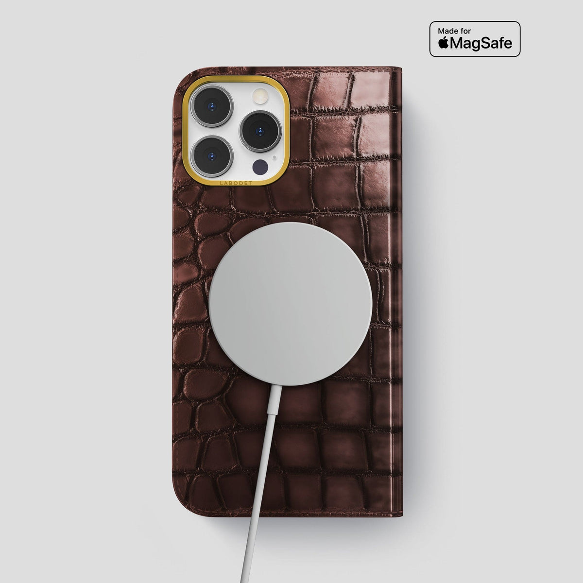 Grape-Wine iPhone 15 Pro Max Folio Magsafe Case Patina Alligator with Gold Metal -3 | Grape-Wine-Gold