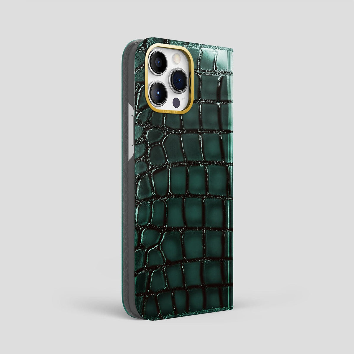 Green iPhone 15 Pro Max Folio Magsafe Case Patina Alligator with Gold Metal -1 | Green-Gold