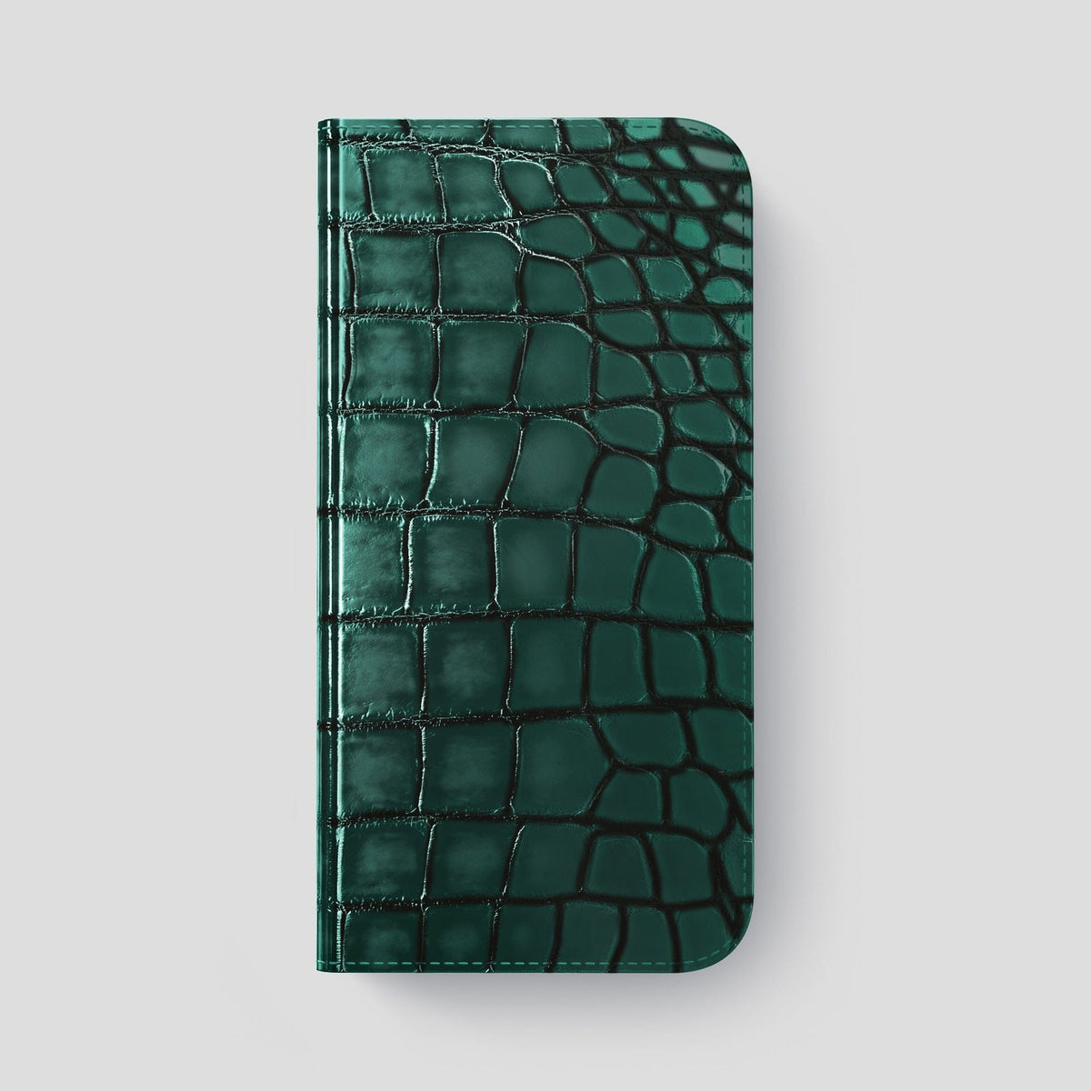 Green iPhone 15 Pro Max Folio Magsafe Case Patina Alligator with Gold Metal -4 | Green-Gold