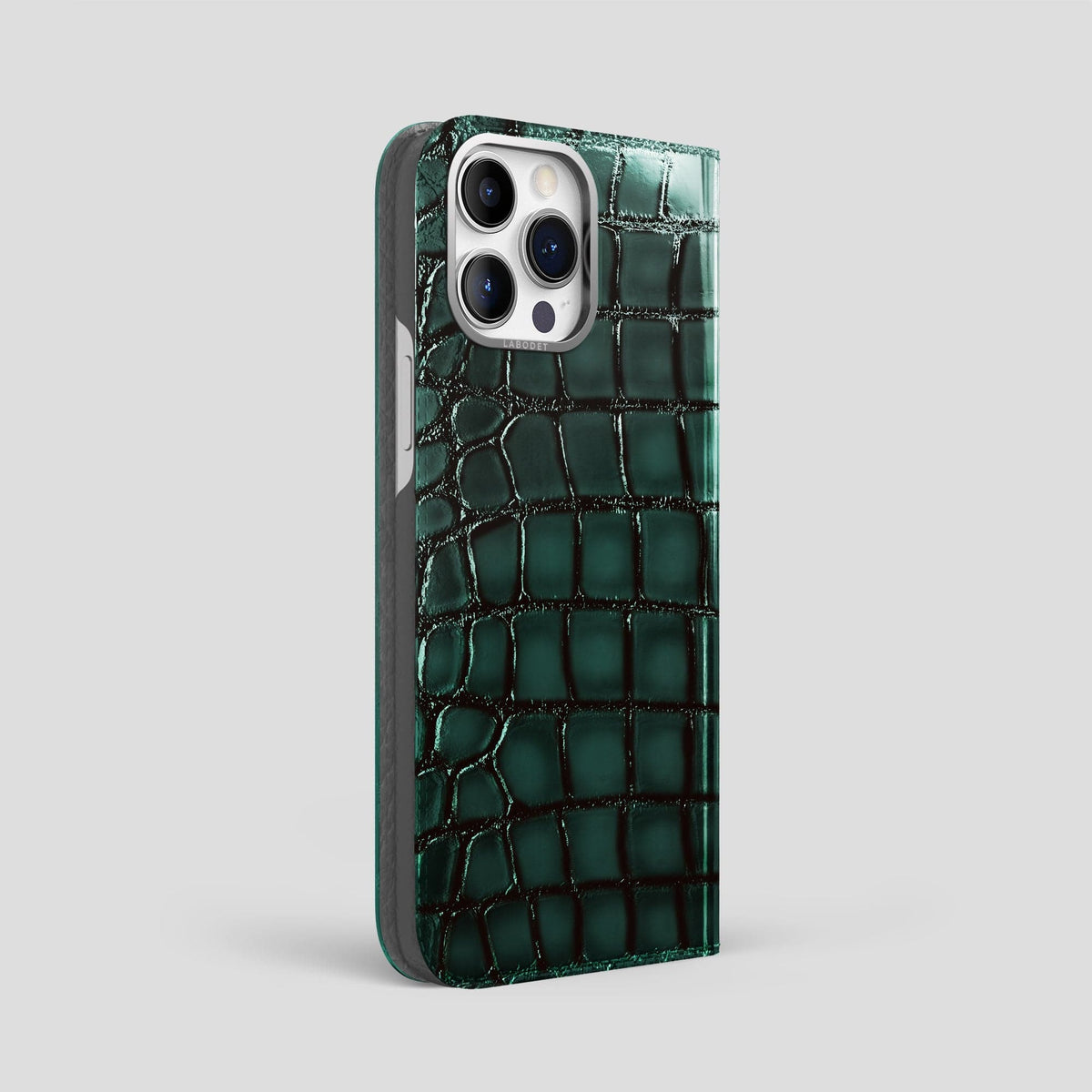 Green iPhone 15 Pro Max Folio Magsafe Case Patina Alligator with Steel Metal -1 | Green-Steel