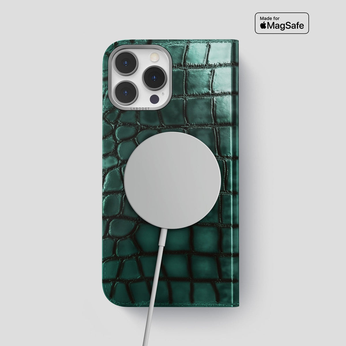 Green iPhone 15 Pro Max Folio Magsafe Case Patina Alligator with Steel Metal -3 | Green-Steel