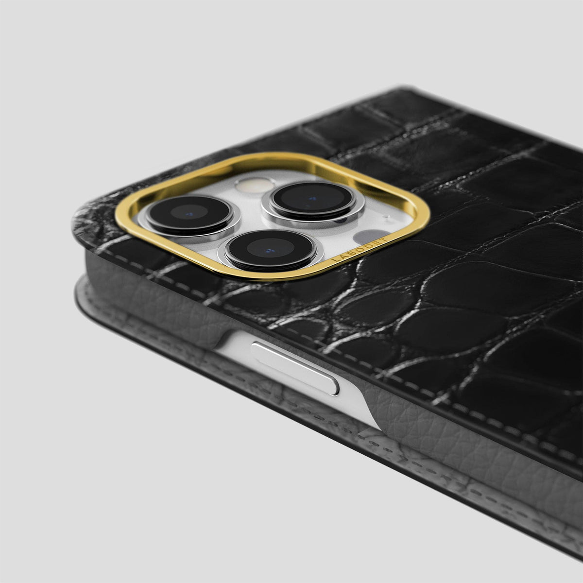 Havana-Black iPhone 14 Pro Max Folio Magsafe Case Patina Alligator with Gold Metal -5 | Havana-Black-Gold