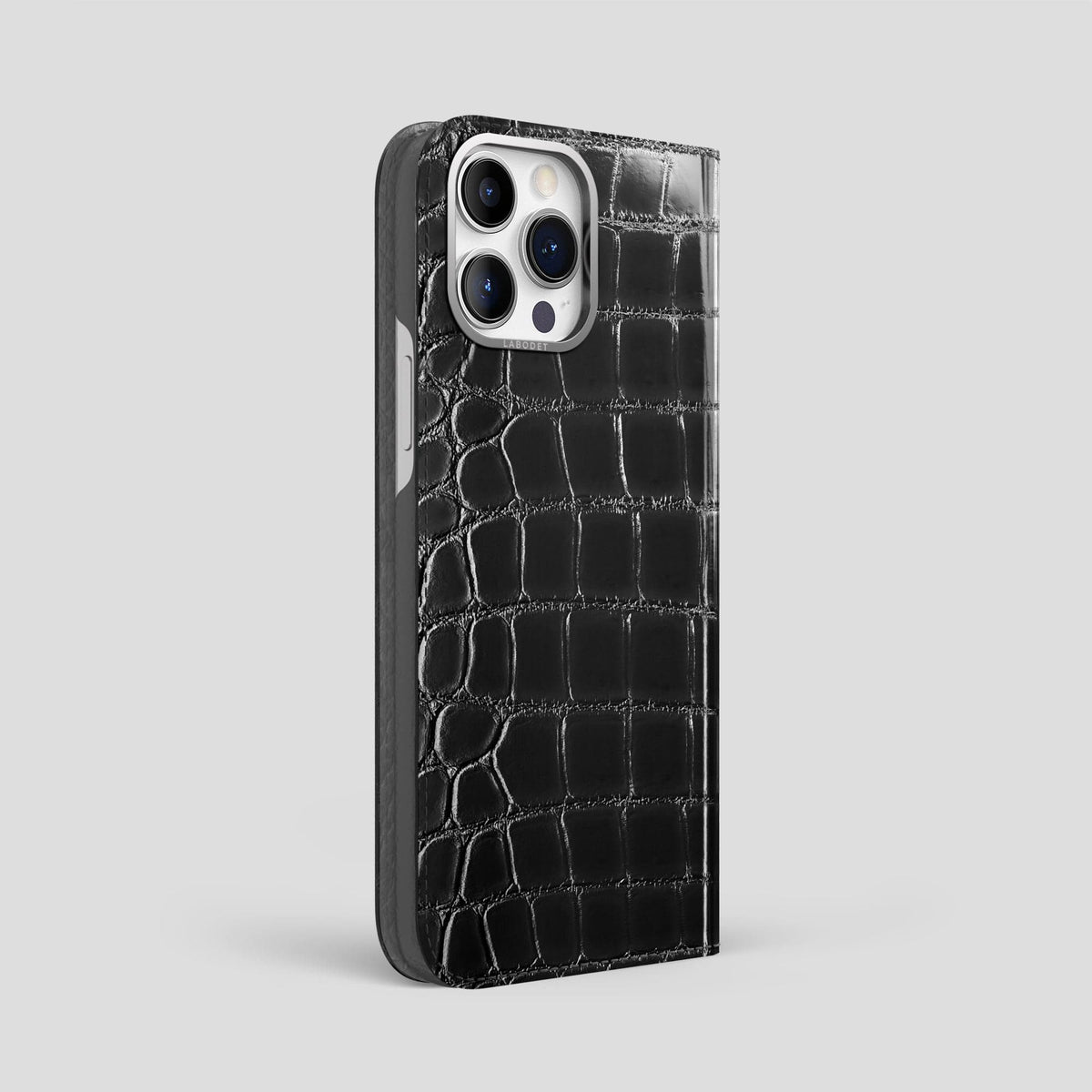 Havana-Black iPhone 15 Pro Max Folio Magsafe Case Patina Alligator with Steel Metal -1 | Havana-Black-Steel