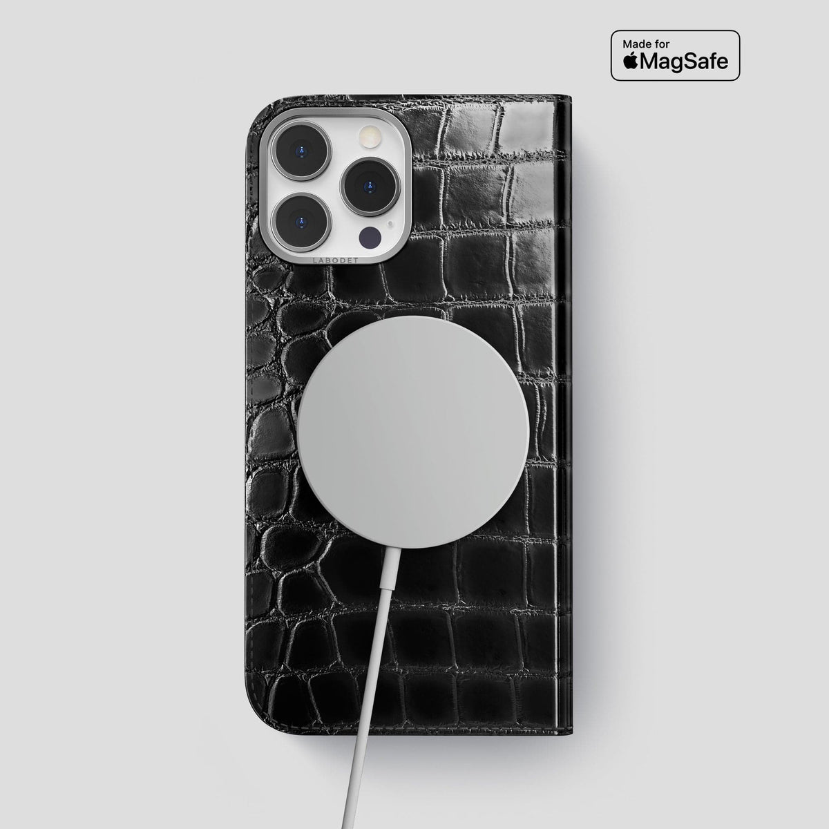 Havana-Black iPhone 15 Pro Max Folio Magsafe Case Patina Alligator with Steel Metal -3 | Havana-Black-Steel