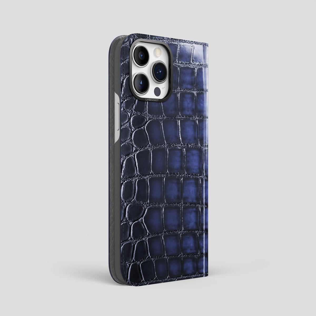 Havana-Blue iPhone 14 Pro Max Folio Magsafe Case Patina Alligator with Black Metal -1 | Havana-Blue-Black