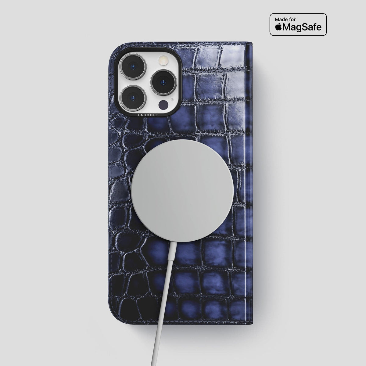 Havana-Blue iPhone 14 Pro Max Folio Magsafe Case Patina Alligator with Black Metal -3 | Havana-Blue-Black
