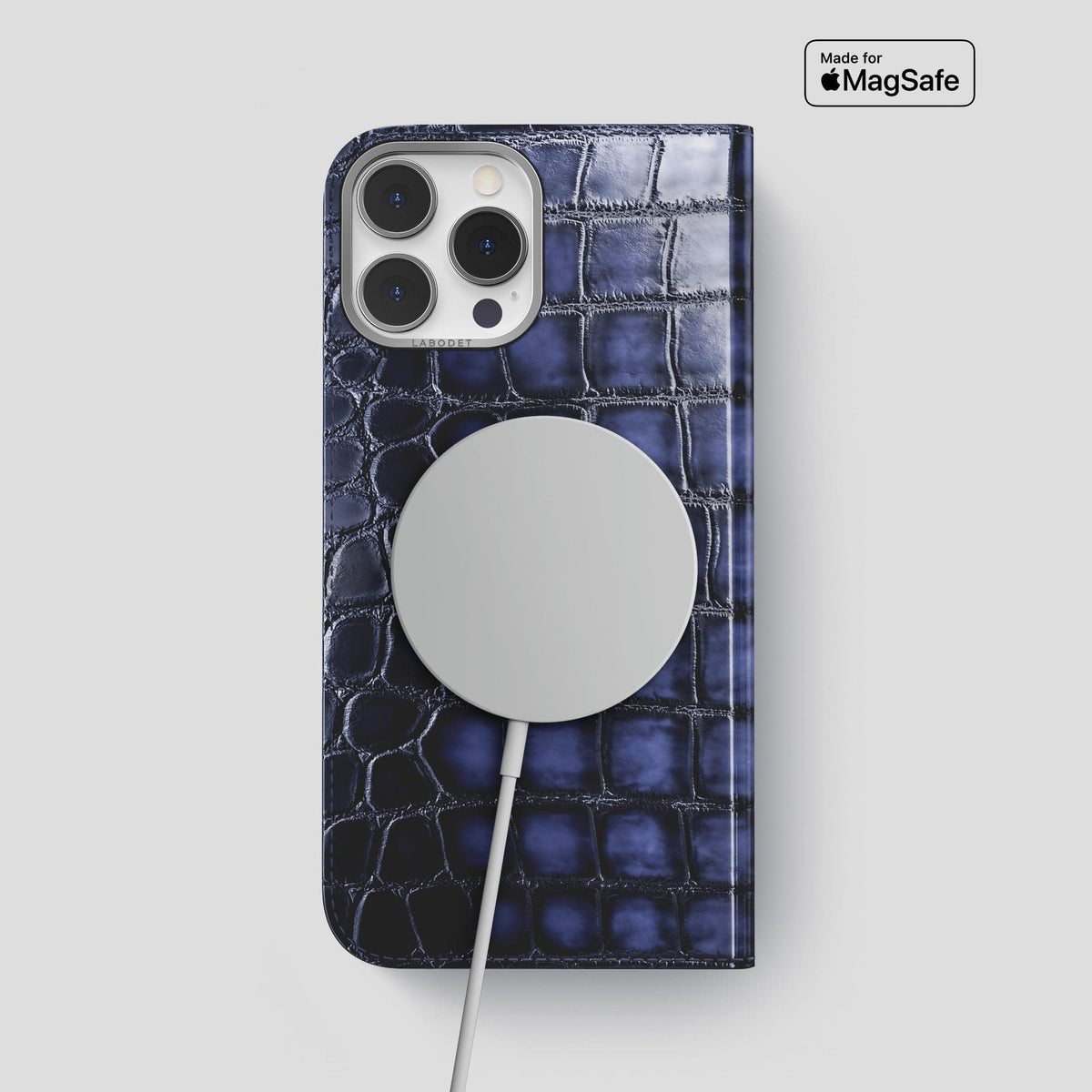 Havana-Blue iPhone 15 Pro Max Folio Magsafe Case Patina Alligator with Steel Metal -3 | Havana-Blue-Steel
