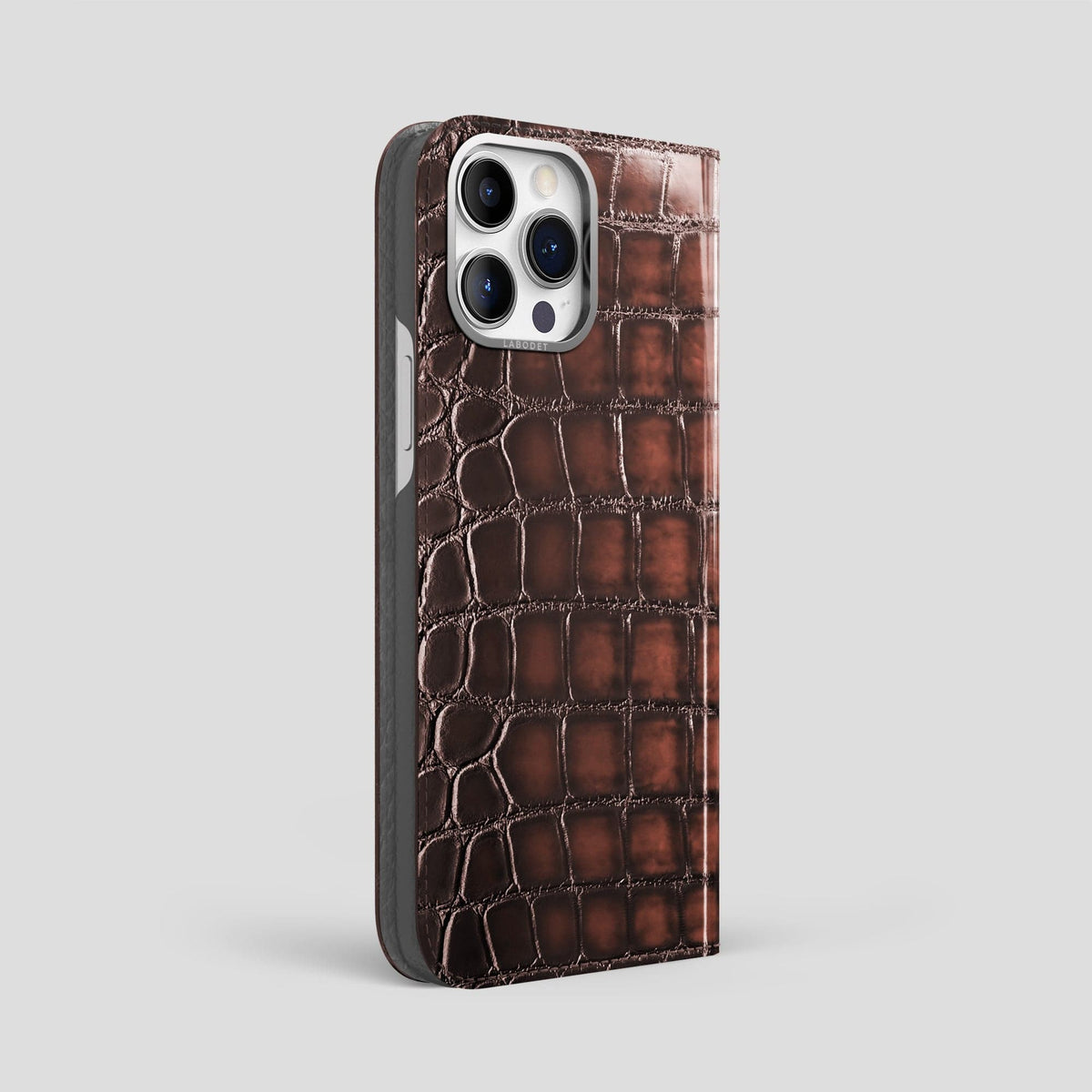 Havana-Brown iPhone 14 Pro Max Folio Magsafe Case Patina Alligator with Steel Metal -1 | Havana-Brown-Steel