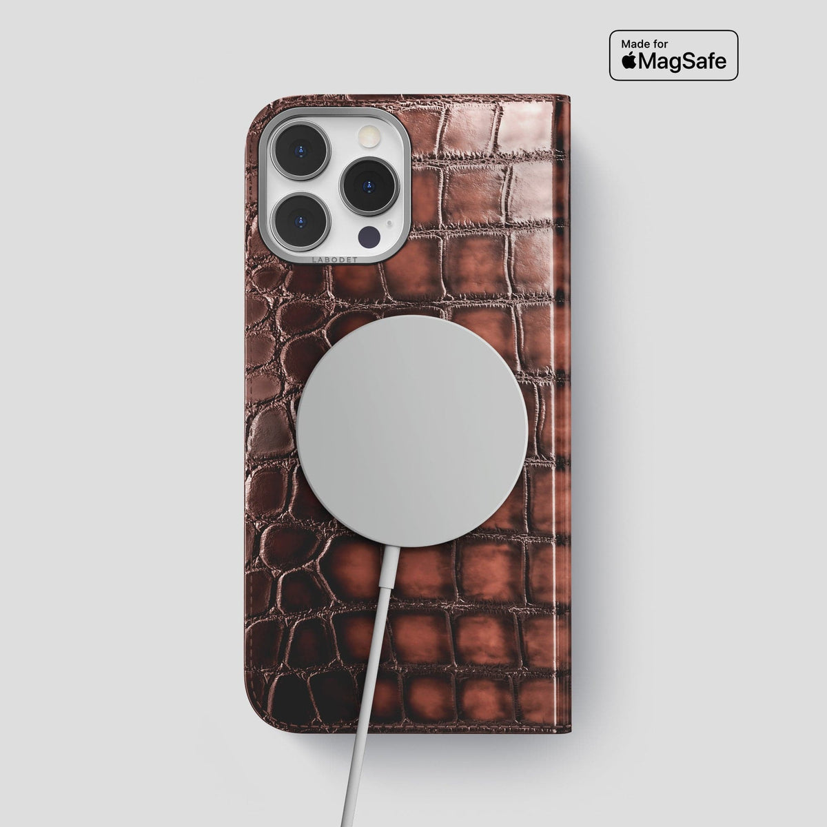 Havana-Brown iPhone 15 Pro Max Folio Magsafe Case Patina Alligator with Steel Metal -3 | Havana-Brown-Steel