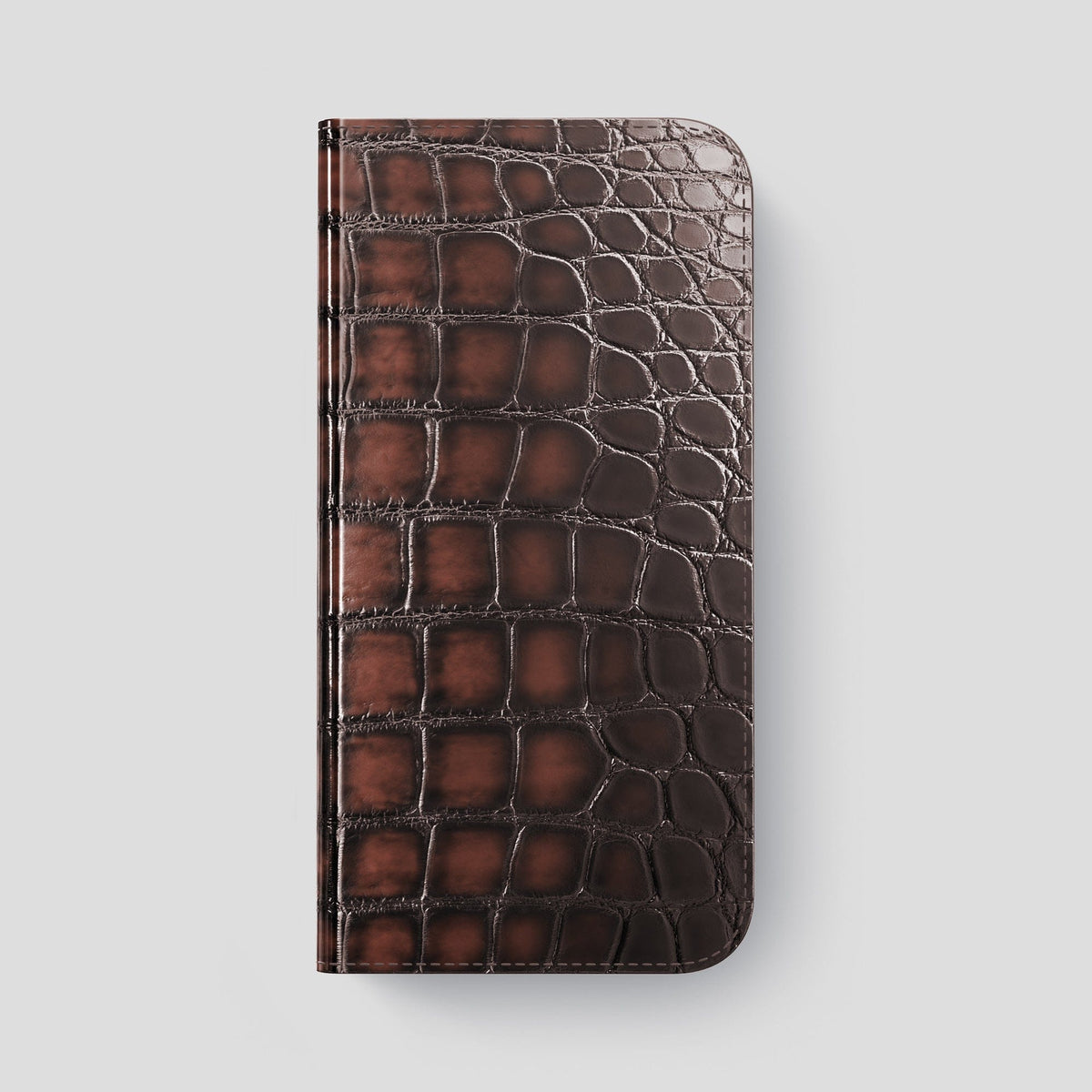 Havana-Brown iPhone 14 Pro Max Folio Magsafe Case Patina Alligator with Steel Metal -4 | Havana-Brown-Steel
