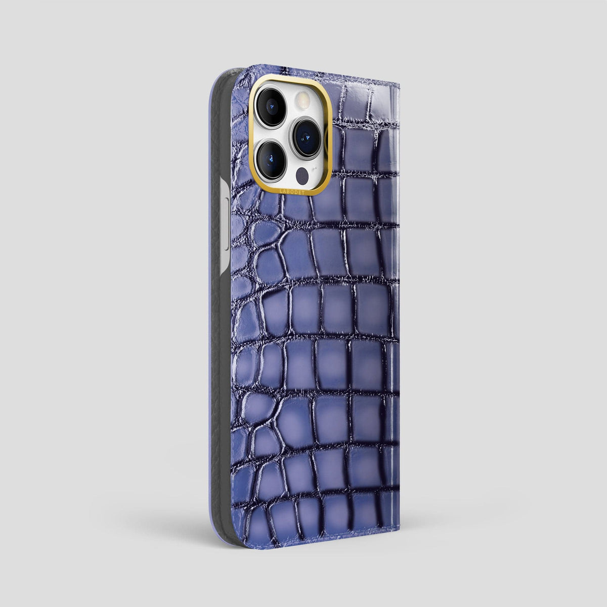 Lilac iPhone 15 Pro Max Folio Magsafe Case Patina Alligator with Gold Metal -1 | Lilac-Gold