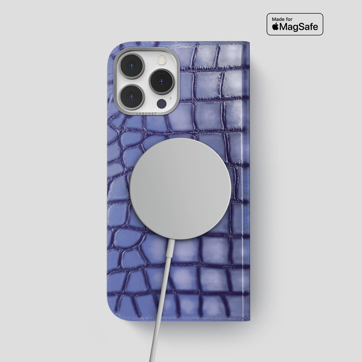 Lilac iPhone 15 Pro Max Folio Magsafe Case Patina Alligator with Steel Metal -3 | Lilac-Steel