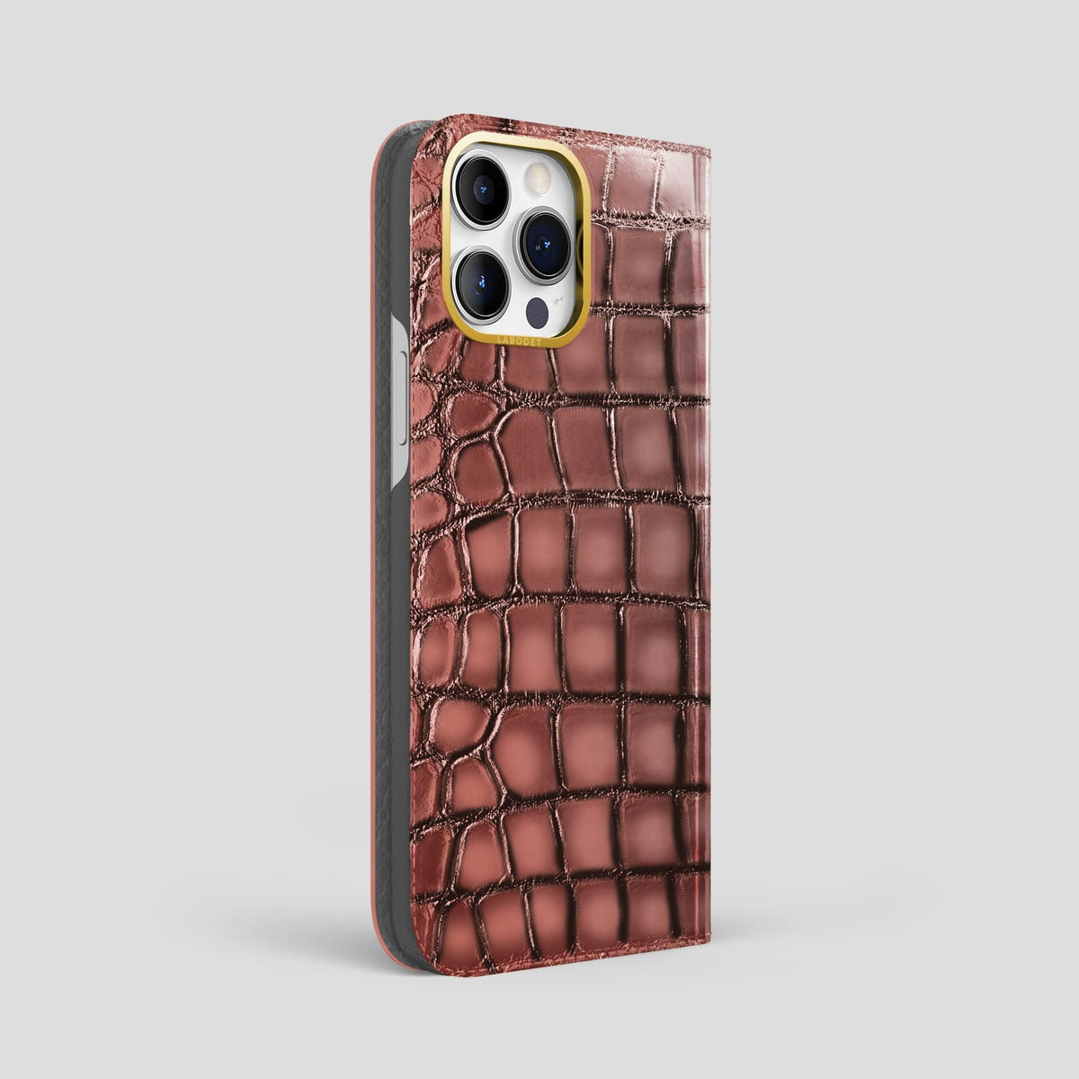 Wine-Sediment iPhone 15 Pro Max Folio Magsafe Case Patina Alligator with Gold Metal -1 | Wine-Sediment-Gold