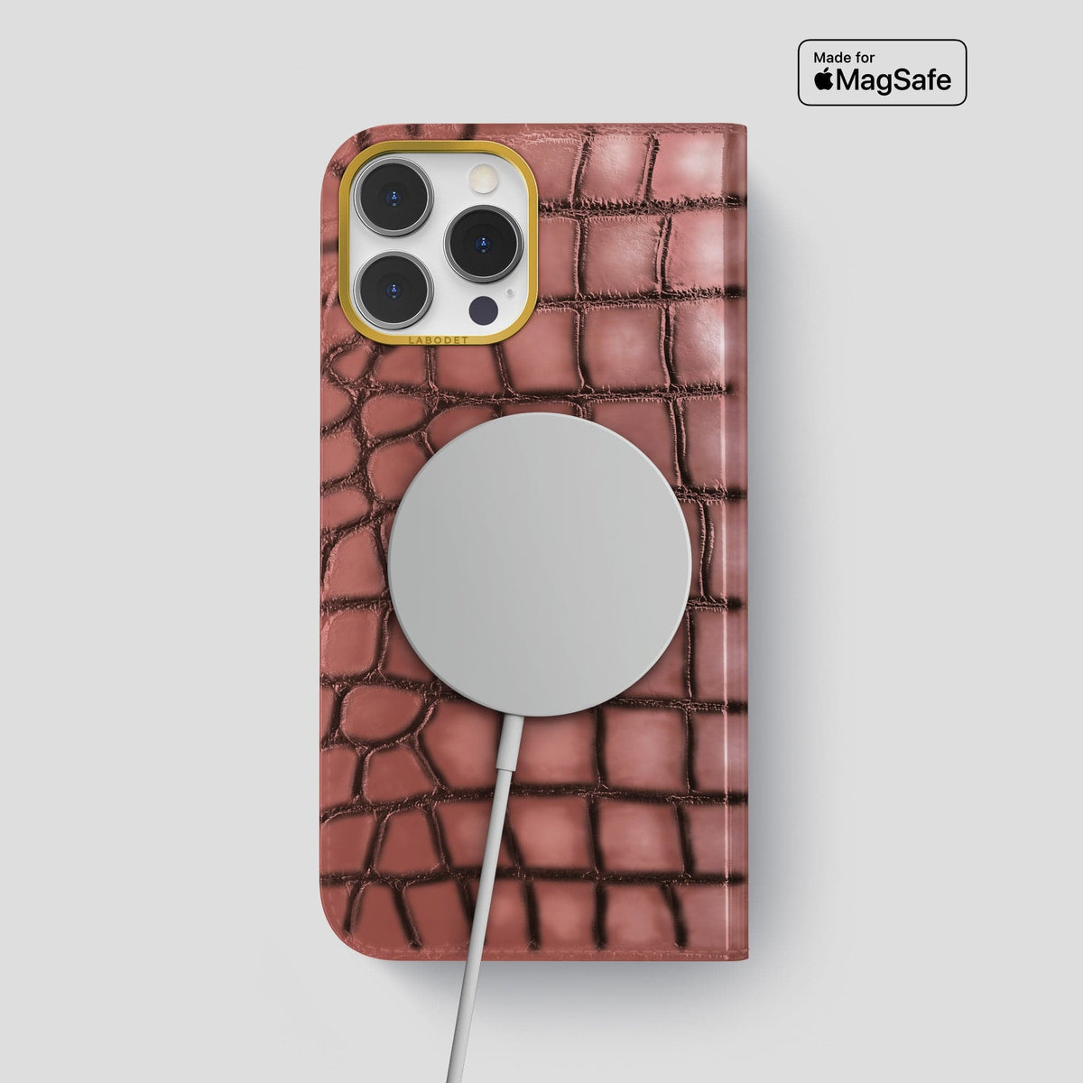 Wine-Sediment iPhone 15 Pro Max Folio Magsafe Case Patina Alligator with Gold Metal -3 | Wine-Sediment-Gold