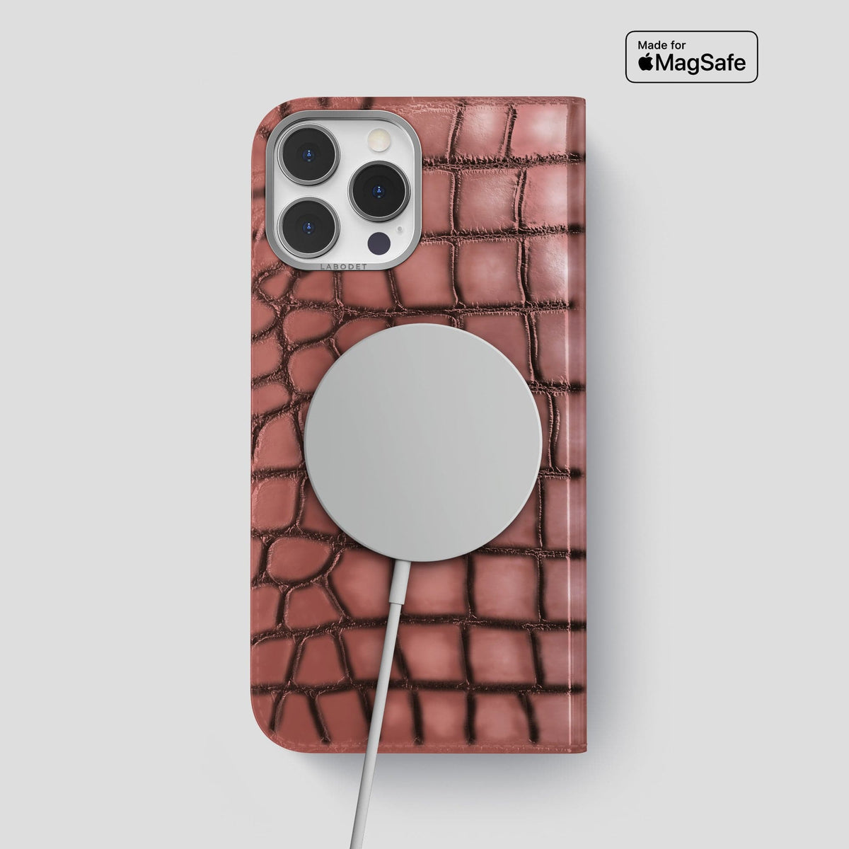 Wine-Sediment iPhone 15 Pro Max Folio Magsafe Case Patina Alligator with Steel Metal -3 | Wine-Sediment-Steel