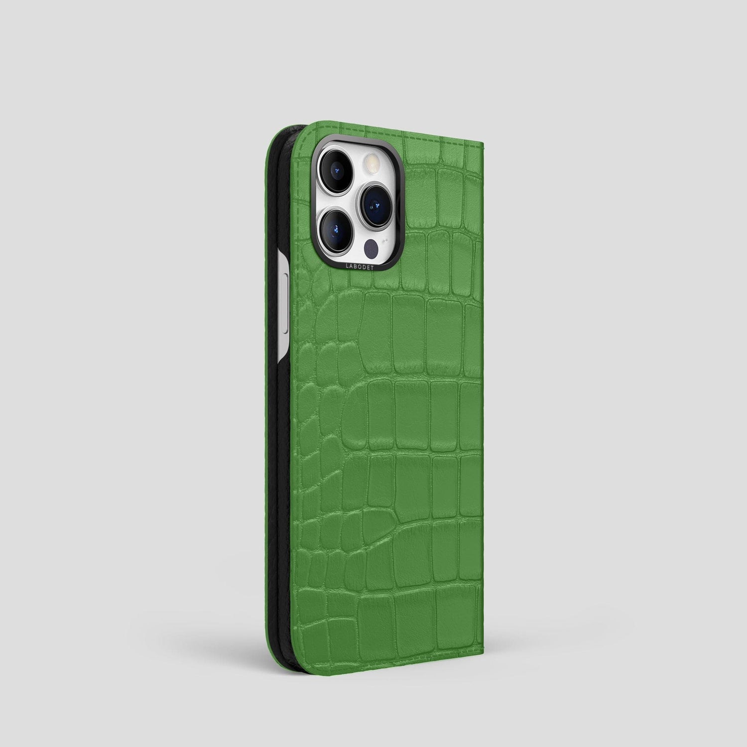 Apple-Green iPhone 14 Pro Folio Case Alligator with Black Metal -1 | Apple-Green-Black