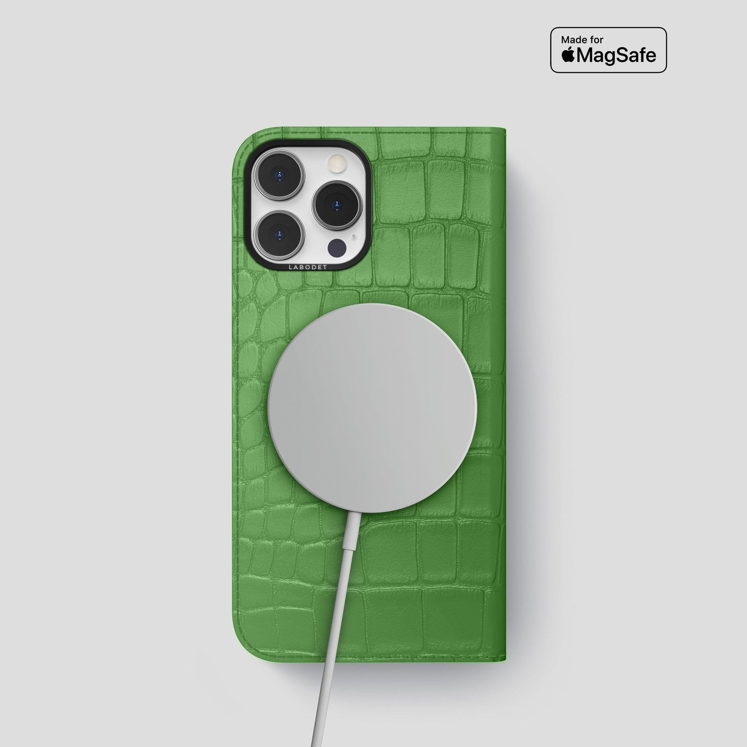 Apple-Green iPhone 14 Pro Folio Case Alligator with Black Metal -3 | Apple-Green-Black