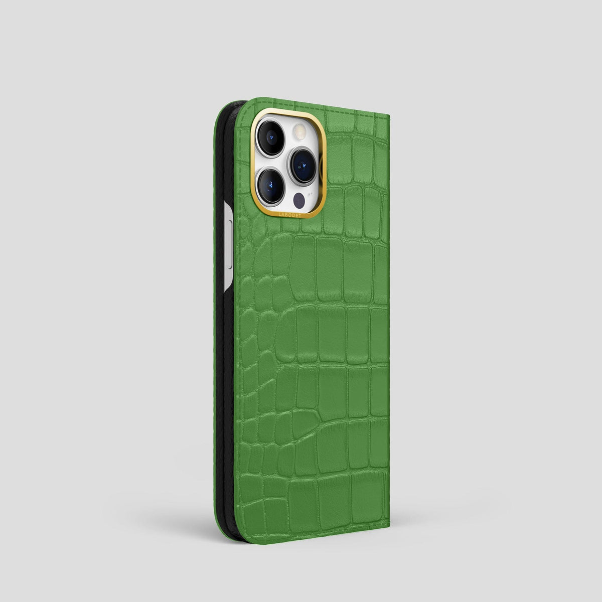 Apple-Green iPhone 14 Pro Folio Case Alligator with Gold Metal -1 | Apple-Green-Gold