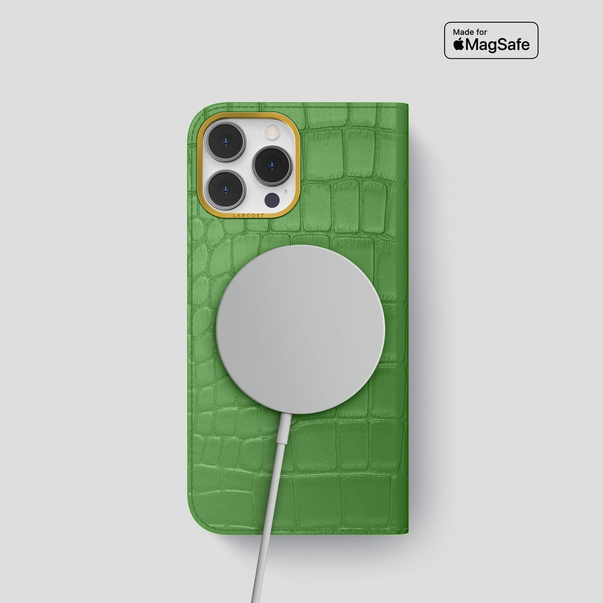 Apple-Green iPhone 14 Pro Folio Case Alligator with Gold Metal -3 | Apple-Green-Gold
