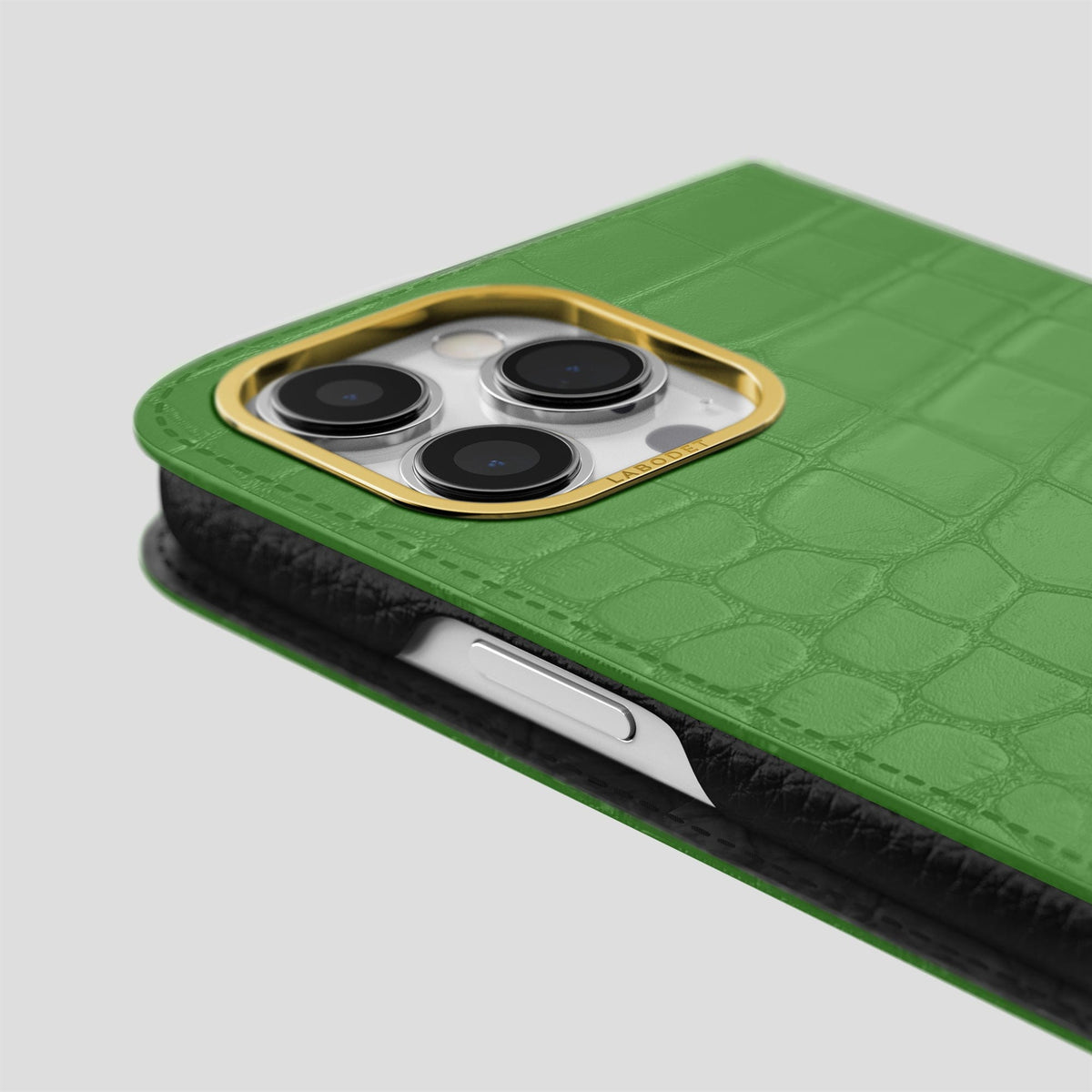 Apple-Green iPhone 14 Pro Folio Case Alligator with Gold Metal -5 | Apple-Green-Gold