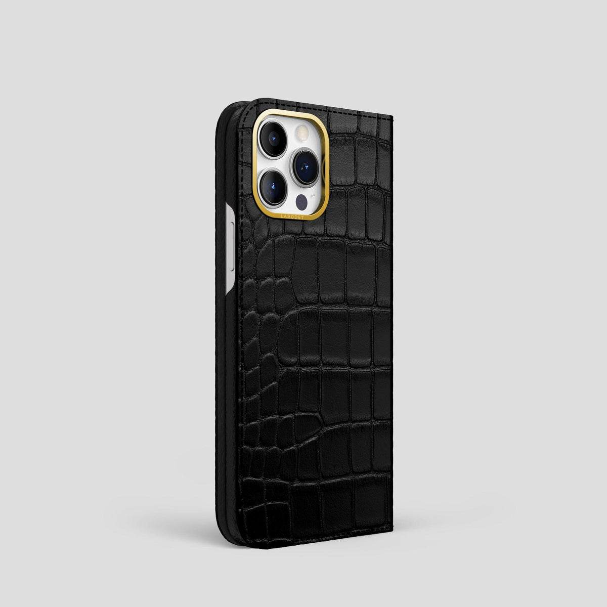 Black iPhone 14 Pro Folio Case Alligator with Gold Metal -1 | Black-Gold