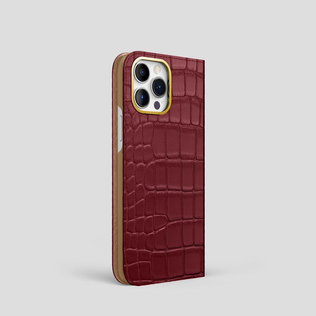Burgundy iPhone 14 Pro Folio Case Alligator with Gold Metal -1 | Burgundy-Gold