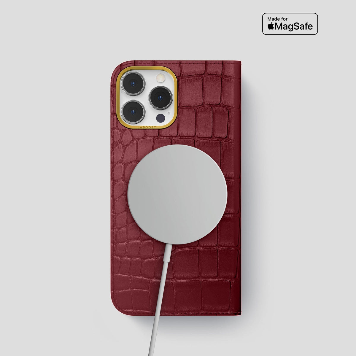 Burgundy iPhone 14 Pro Folio Case Alligator with Gold Metal -3 | Burgundy-Gold