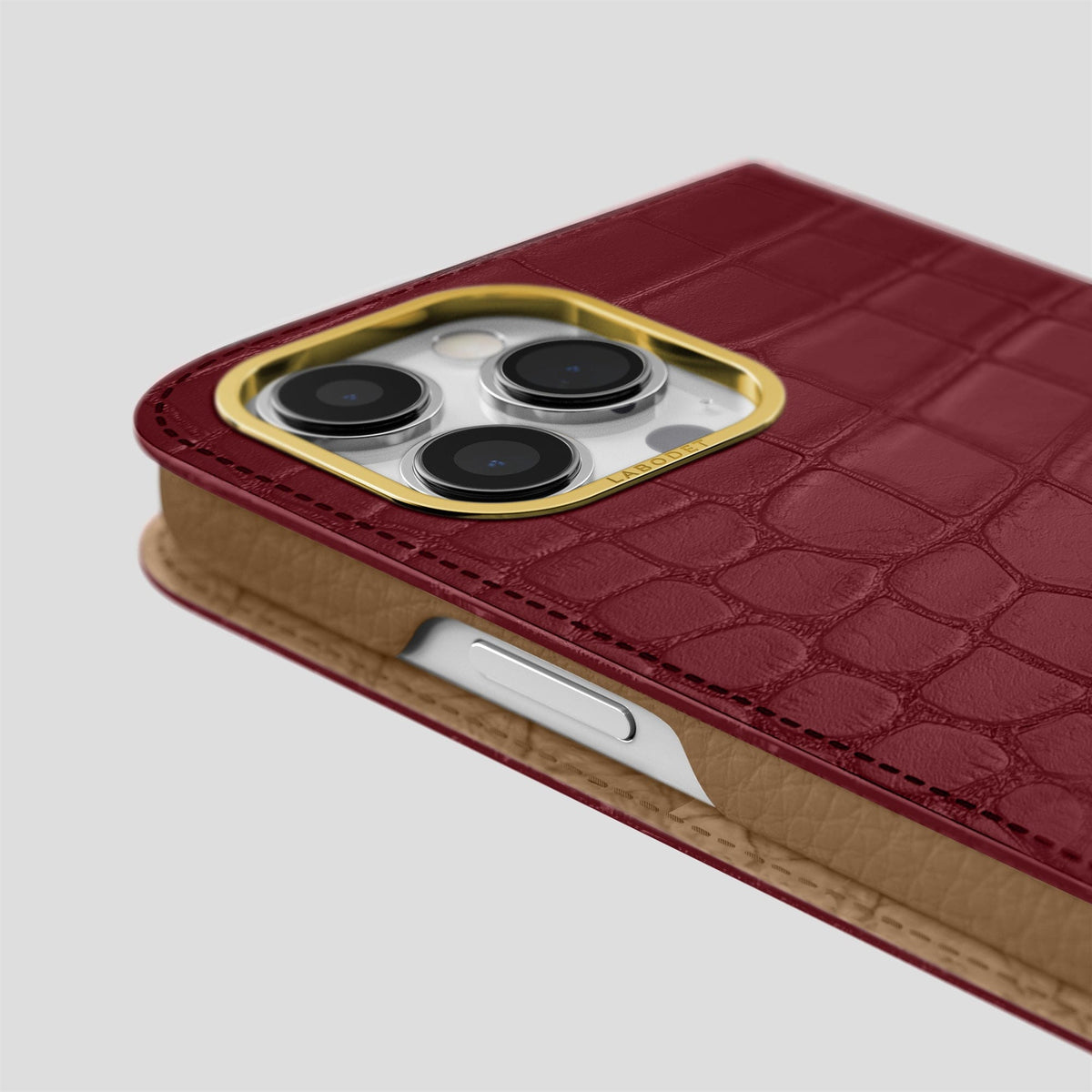 Burgundy iPhone 14 Pro Folio Case Alligator with Gold Metal -5 | Burgundy-Gold