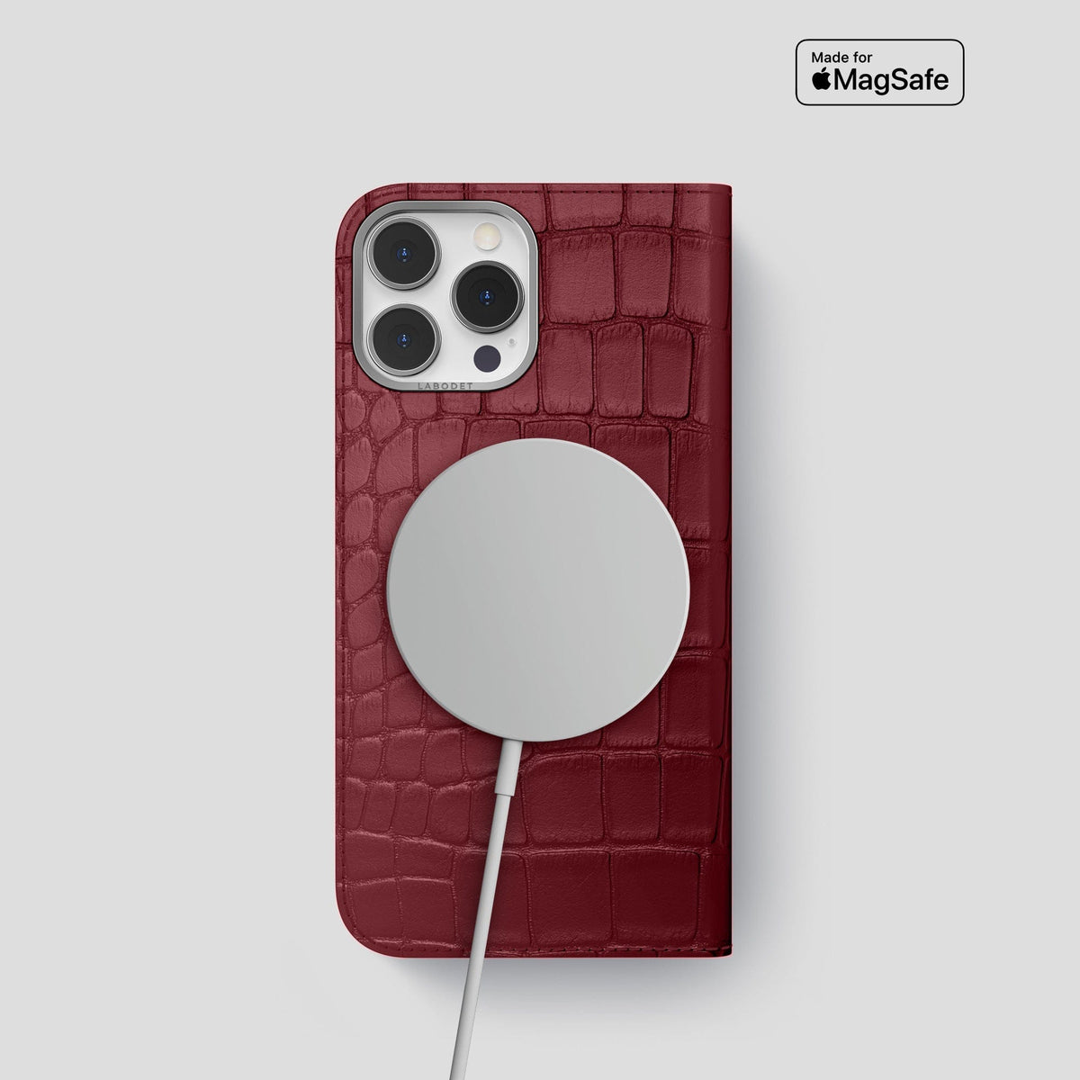 Burgundy iPhone 14 Pro Folio Case Alligator with Steel Metal -3 | Burgundy-Steel