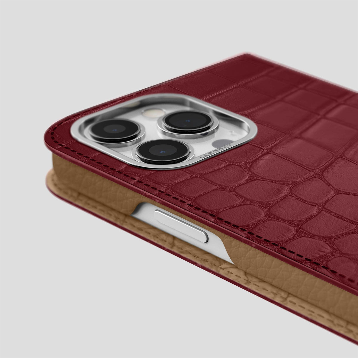 Burgundy iPhone 14 Pro Folio Case Alligator with Steel Metal -5 | Burgundy-Steel