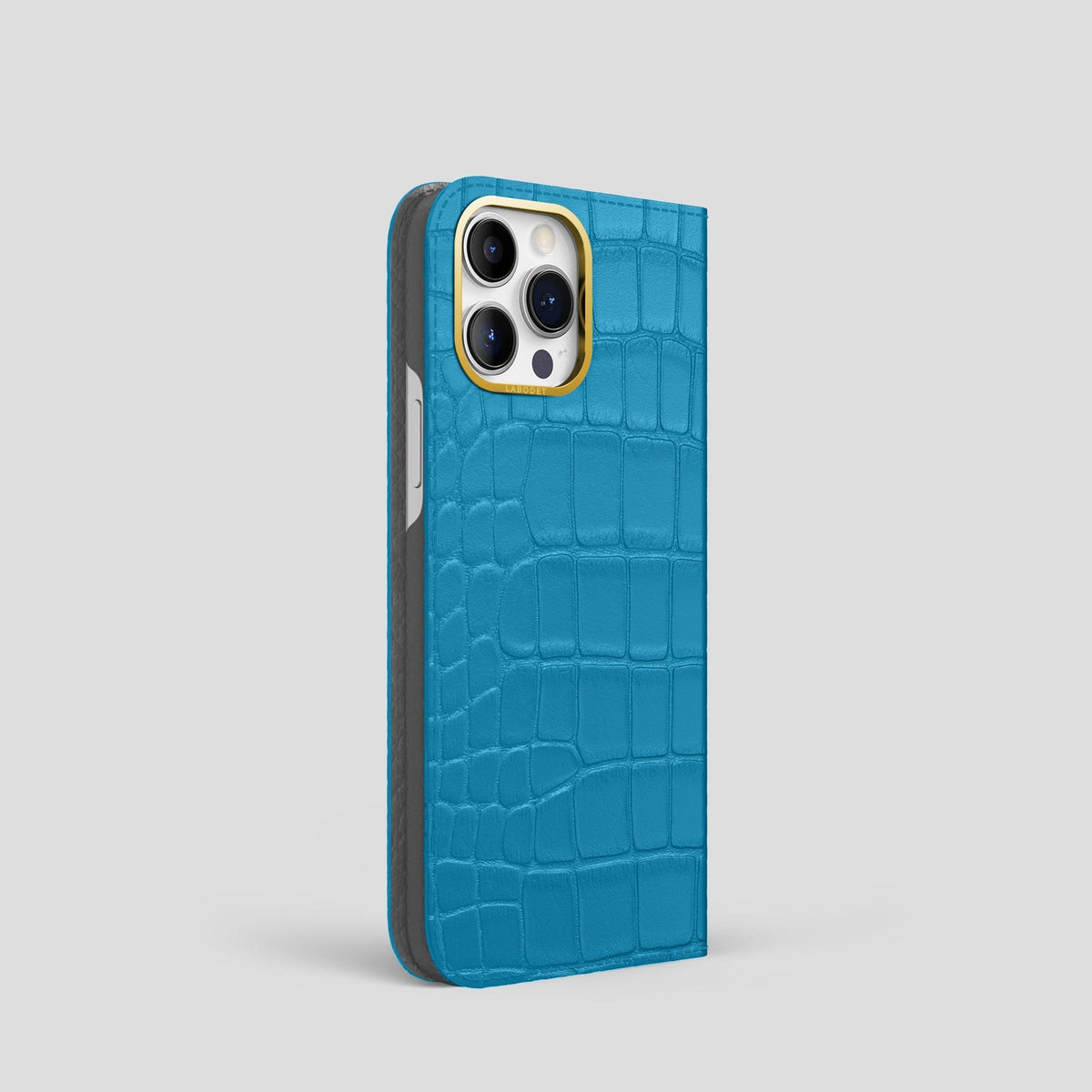 Curaçao-Blue iPhone 14 Pro Folio Case Alligator with Gold Metal -1 | Curaçao-Blue-Gold