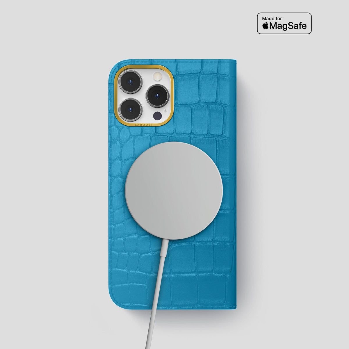 Curaçao-Blue iPhone 14 Pro Folio Case Alligator with Gold Metal -3 | Curaçao-Blue-Gold