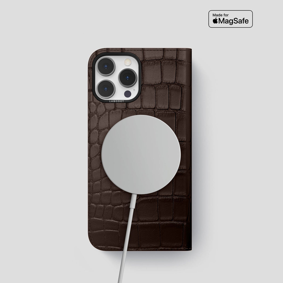 Dark Brown iPhone 14 Pro Folio Case Alligator with Black Metal -3 | Dark-Brown-Black