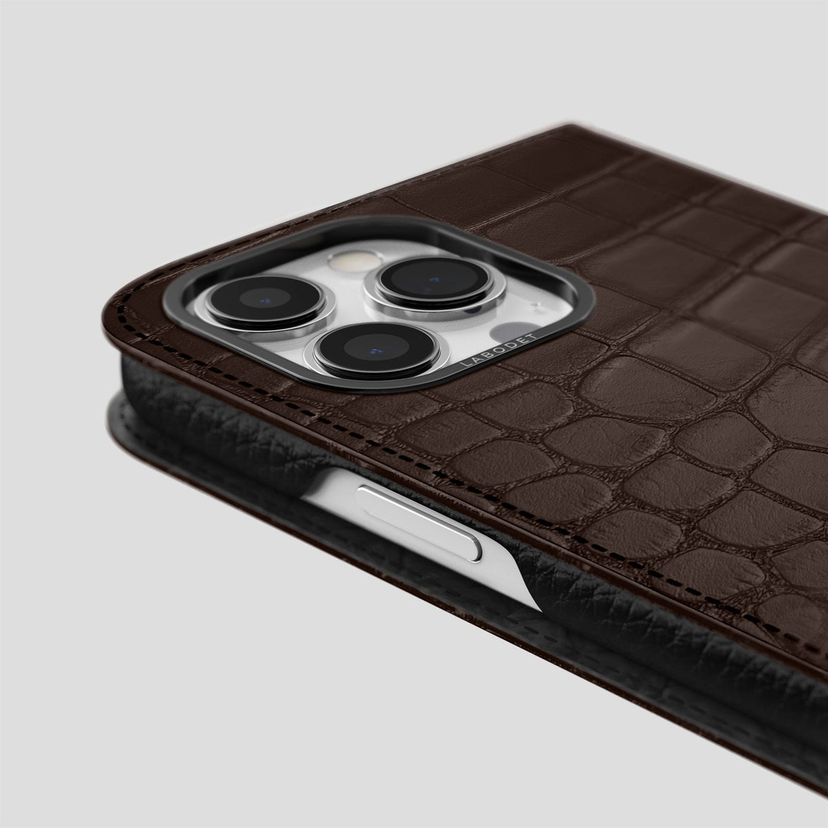 Dark Brown iPhone 14 Pro Folio Case Alligator with Black Metal -5 | Dark-Brown-Black